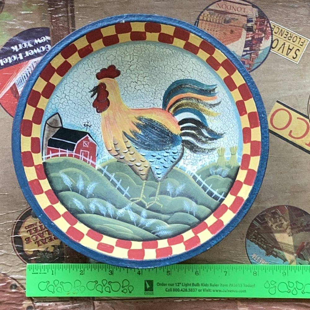 🐓 Wooden Rooster Decorative Bowl Americana Style 11.75"